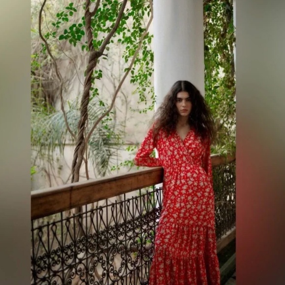 Zara Red Floral Print Faux Maxi with Ruffle Neck Accent - Picture 1 of 3